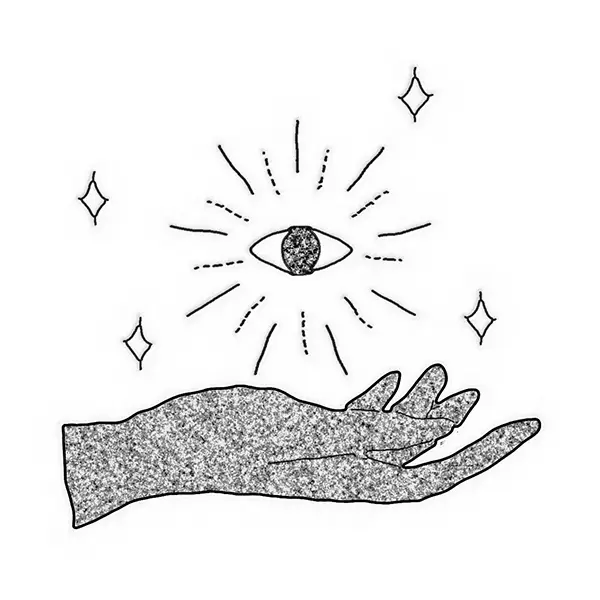Illustration d'une main ouverte sous un œil rayonnant, symbole de l'observation attentive avant la séance de shiatsu