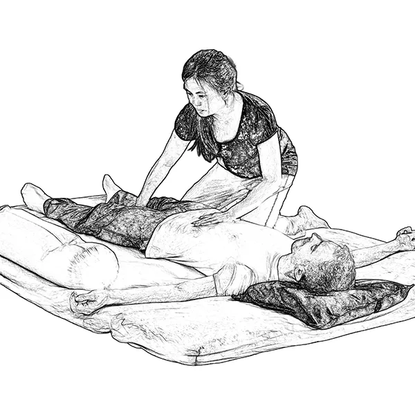 Illustration de Stéphanie Vuong pratiquant un shiatsu sur futon, pour recharger l'énergie du corps