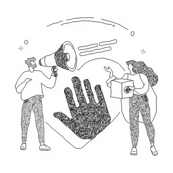 Illustration d'une personne au mégaphone et d'une autre tenant une trousse de soins : sensibiliser les équipes à la prévention